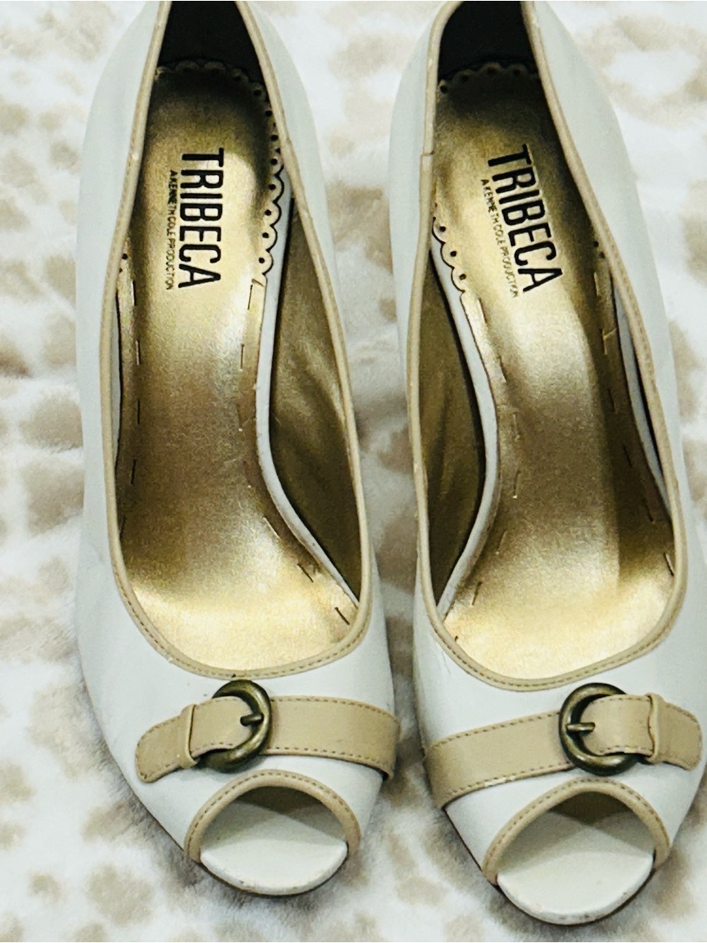 Kenneth Cole White Peep-Toe Pumps with Tan Accent Buckle